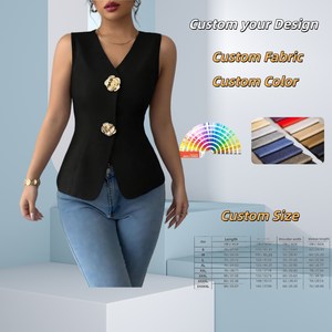 Chaleco sin mangas con cuello en V para mujer, con botones dorados con diseño floral, elegante y ajustado. - Product Image 1