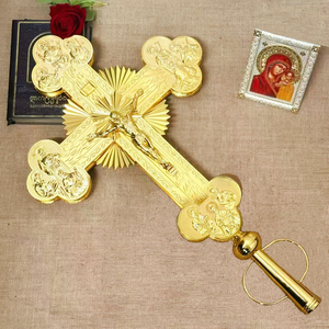 Cruz Procesional Ortodoxa Oriental, Chapada en Oro, Grabada por Ambos Lados, Aleación de Zinc, Cruz Religiosa con Ángeles y <span class=keywords><strong>Doce</strong></span> Apóstoles, 75 cm - Product Image 3
