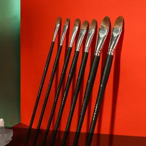 Lot de 6 pinceaux en poils de belette, forme <span class=keywords><strong>noisette</strong></span>, manche long en bouleau, poils en acrylique noir, fournitures de peinture à l'huile, matériel artistique - Product Image 1