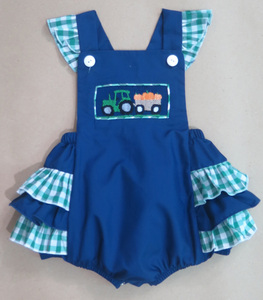Vestido Azul Rey Fruncido para Niñas con Bordado de Tractor Verde y Carro de Calabazas, Manga Abullonada, Estilo Campestre para Niñas Pequeñas, Atuendo Festivo - Product Image 2