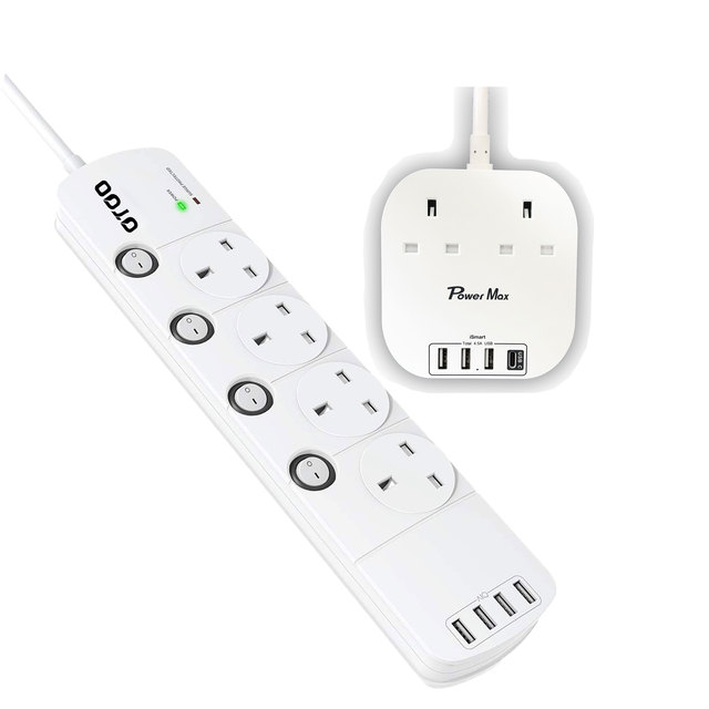 Extension Lead With USB Slots, UK 4 Way Socket Outlets Power Strips With 5 USB (5A) Surge Protection