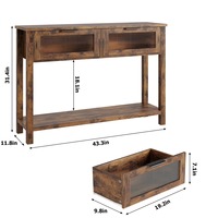Table console vintage en MDF brun facile à assembler avec 2 tiroirs à façade en verre, étagère inférieure, table d'entrée, table de salon, table de couloir