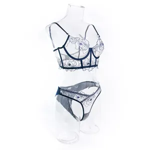 Transparent Nave Blue Sexi G-string Bra And Thong Two Piece Floral Embroidered Mesh Womens Sexy Lingerie Set For Ladies