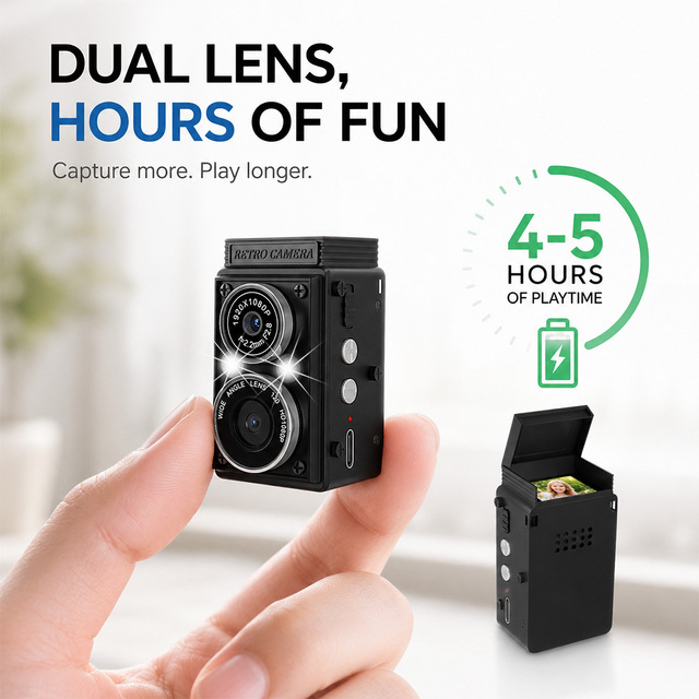 Dual Lens Mini Kids Digital Camera 4MP Video 12MP Photo Night Vision 4-5H Playtime Supports 512GB