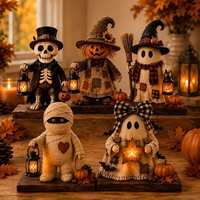 Ensemble de 5 décorations d'Halloween en bois : lanternes monstres, figurines citrouille, fantôme, momie, squelette et balai en MDF