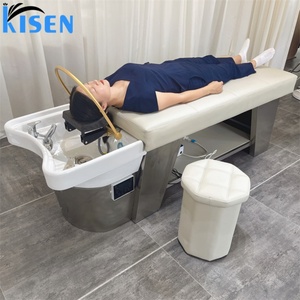 KISEN Fauteuil de lavage capillaire professionnel à vapeur, lit de shampoing moderne pour spa avec thérapie aquatique et massage thaïlandais, et armoire de rangement - Product Image 1