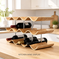 Porte-bouteilles à vin ondulé à trois niveaux en bois de bambou courbé, organisateur de table, style nordique moderne, durable, écologique, portable