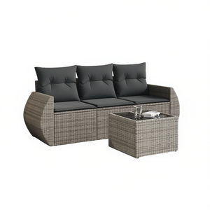 Set Divano da Esterno in Polyrattan Grigio con Cuscini, Arredamento Durevole per Esterni, 3 Posti con Tavolino - Product Image 1