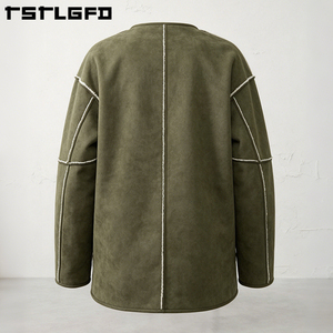 Chaqueta de ante vegano reversible para hombre, verde oliva, con costuras sin rematar, doble cara, para invierno, venta al por mayor - Product Image 5
