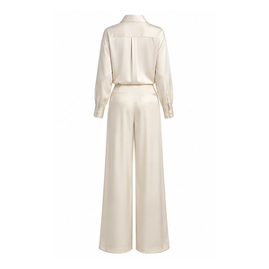 Cream <b>Satin</b> Shirt and <b>Trousers</b> Set Long Sleeve Collared Blouse Wide Leg Pants Office Wear - Product Image 2