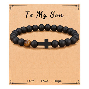 Regalos de Año Nuevo, Joyería para Hombre, Pulsera con Tarjeta, Pulsera Religiosa Cristiana de Ágata Natural Mate con Cruz para Hijo y Padre - Product Image 3