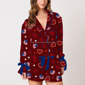 Independence Day Fourth of July <strong>Patriotic</strong> Firework Print Bow TIe Long Sleeve Shirt <strong>Shorts</strong> Two Piece Pajama Set Women - Product Image 4