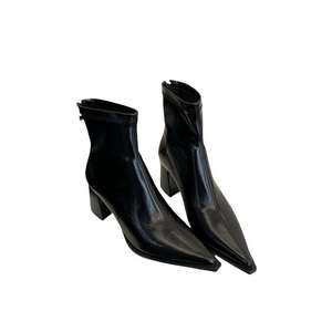 Bottines à talon bloc et bout pointu pour femme, nouvelles bottes en cuir verni noir à fermeture éclair arrière, élégantes bottes habillées de qualité supérieure pour l'hiver et l'automne - Product Image 1