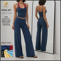Nouveautés : Ensemble 2 pièces bicolore avec soutien-gorge de sport dos nu superposé et pantalon de yoga taille haute à jambes larges, en tissu brossé extensible dans les quatre sens