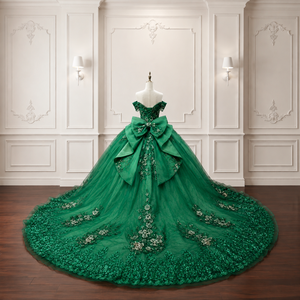 Lsmc140 Elegant <b>Emerald</b> Quinceanera Gown Boat Neck Corset Sparkly Organza Floor-Length Ball <b>Dress</b> Lace Applique Party for - Product Image 5