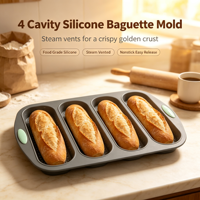 Moule à pain français en silicone, 4 cavités, plaque de cuisson pour baguette avec trous d'aération, réutilisable, compatible four et lave-vaisselle, outil de fabrication de pain