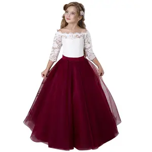 Children Casual Solid Straight Kids Girl A-line Dresses Girls Party Dress Formal and Elegant Long Sleeves Off Shoulder Lace 1000
