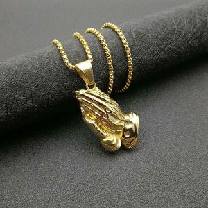 Collier avec pendentif mains en prière plaqué or en acier inoxydable, bijoux de mode unisexe, cadeau - Product Image 1