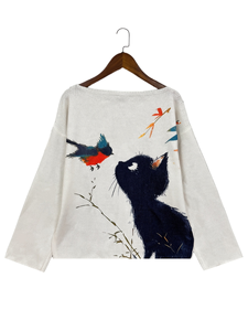 Damen Schwarzer Katzen- & Vogel-Strickpullover 2026 Künstlerischer Erzählungs-Jumper 100% Polyester Digitaldruck Lässiges Weißes Langarm-Oberteil - Product Image 5