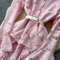 Robe longue élégante pour femme WIWT, rose, en dentelle, coupe trapèze, col montant, manches longues évasées, ceinturée, taille haute, décontractée, pour soirée