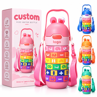 Bouteille d'eau isotherme à double paroi en acier inoxydable 316 de 14 oz avec motif puzzle mathématique et oreilles de lapin, avec poignée et paille, idéale pour l'école