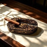 Nouvel Cendrier en Céramique Style Chinois Luxe Léger Motif Dragon Noir et Or à Rainures Larges Cadeau Créatif Haut de Gamme pour Hommes