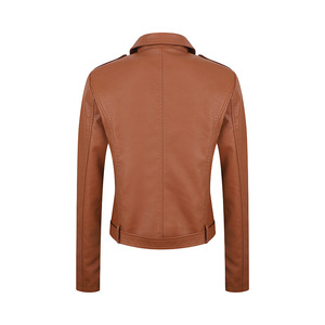 Abrigo de cuero de PU de alta calidad para mujer, estilo motero ajustado, de moda, con efecto lavado - Product Image 5