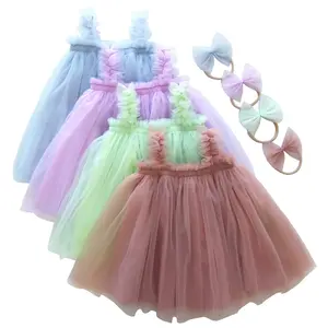 New Arrival Toddler Party Tulle Sundress Infant Solid Princess Sleeveless Dresses and Hair Clip Bow