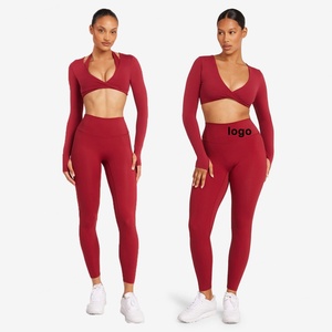 ชุดกีฬาสีแดงแขนยาวไร้รอยต่อสำหรับคนไซส์ใหญ่ ชุดออกกำลังกายเซ็กซี่รัดรูป ระบายอากาศได้ดี เหมาะสำหรับใส่เล่นโยคะและกิจกรรมกลางแจ้ง - Product Image 1