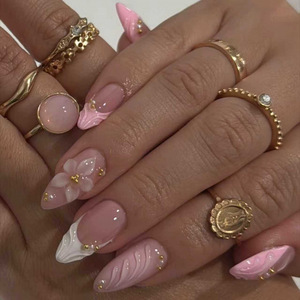 <span class=keywords><strong>Faux</strong></span> ongles à presser 3D roses floraux nude amande, avec perles dorées et motif tourbillon brillant, réutilisables pour mariage et usage quotidien - Product Image 2