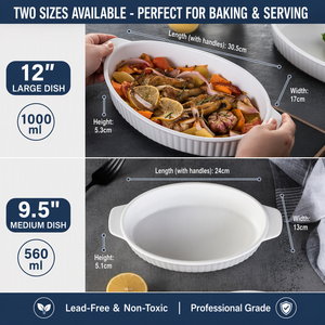 Bandeja para hornear ovalada de cerámica con asas, certificada por la FDA y SGS, blanca, acanalada, apta para horno, sin plomo, de calidad alimentaria. - Product Image 5