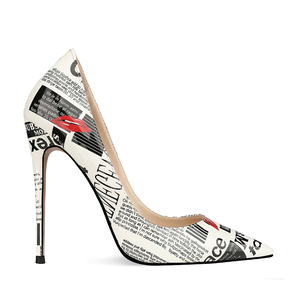 Nuove Scarpe con Tacco Alto da Donna 2020, Décolleté Bianche in PU con Tacco Sottile, Stampa Giornale, Scarpe Estive da Cerimonia, Vendita all'Ingrosso - Product Image 2
