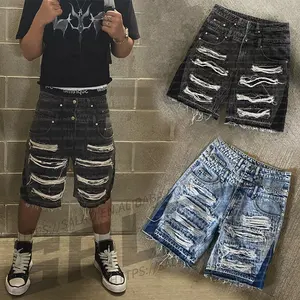 Custom High Waist Knee Length 100% Cotton Raw Hem Bottom Raw Hem Hip Hop Ripped Double Waist Denim Short Pants Jean Shorts Men