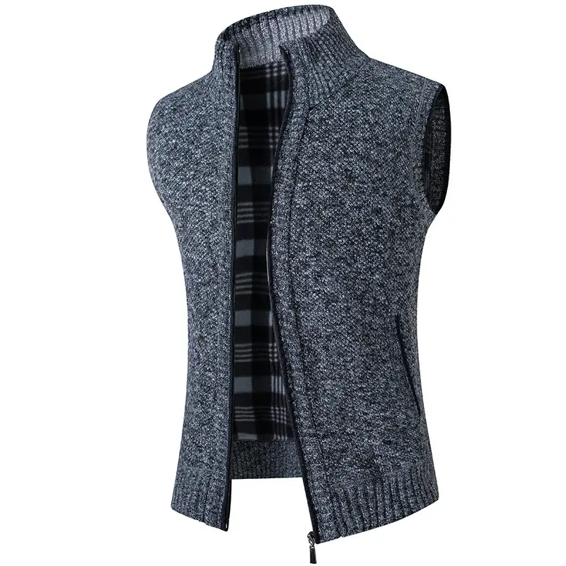 Autumn and winter solid color plus fleece casual loose standing collar sleeveless sweater vest zipper men's cardigan