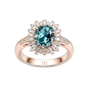 925 Sterling Silver Rose <b>Gold</b> Teal Sapphire Oval <b>Ring</b> Sunburst Halo Diamond <b>Cocktail</b> Statement <b>Ring</b> - Product Image 1