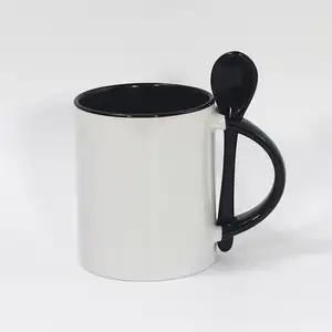 USA Warehouse Sublimation Blanks 11oz Ceramic Inside Colorful Coffee Mug with Spoon