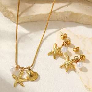 עגילי שרשרת לנשים נירוסטה כוכב ים מעטפת פנינה סט תכשיטים - Product Image 3