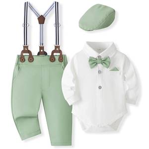 Ensemble de tenue formelle pour bébé garçon, body en pur coton <span class=keywords><strong>blanc</strong></span>, bretelles bleu marine, nœud papillon et béret pour baptême, tenue de fête, nouveau-né à 24 mois - Product Image 2
