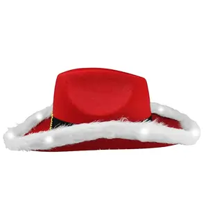 Christmas feathered cowboy hat with lights Western cowboy red hat Santa fur trimmed hat with lights