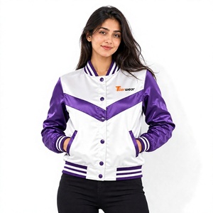 Veste universitaire en satin pour femme Tiierwear, couleur violette et blanche, blocs de couleur, boutons pression sur le devant, logo - Product Image 1