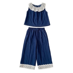 Ensemble d'été pour filles : Gilet en jean style coréen, col Claudine, pantalon large couleur unie, 70% coton <span class=keywords><strong>30</strong></span>% nylon, vêtements pour bébés - Product Image 5
