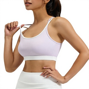 Sujetador deportivo de lavanda para mujer, cuello redondo, tirantes finos, soporte medio, top de yoga sin costuras, ribete en contraste, transpirable - Product Image 1
