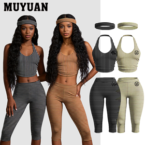 Traje Capri sin Mangas con Cuello Halter a Rayas, Estilo 2026, Transpirable, de Algodón y Elastano, Ropa de Verano Informal para Mujer, Estilo Urbano - Product Image 1
