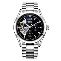 Montre-bracelet automatique squelette de luxe pour homme, affichage des phases lunaires, multifonction, bracelet en acier doré et argenté, montre d'affaires