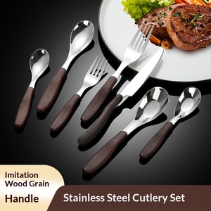 Wood Pattern Handle <strong>Cutlery</strong> 304 Stainless Steel Light Luxury Dinner Knife Spoon Fork Restaurant <strong>Children</strong> Flatware - Product Image 3