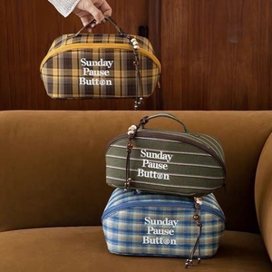 Checked Scottish Pattern Yarn-Dyed Custom Cosmetic <b>Bag</b> <b>Large</b> Capacity Cotton <b>Makeup</b> Zipper <b>Bags</b> for Women Travel - Product Image 6