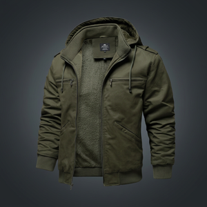 Men's Winter Hooded Bomber <b>Jacket</b> <b>Fleece</b> Lined Windproof Zipper Closure Casual Solid Color Regular Fit - Product Image 1