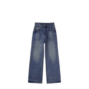Jeans <span class=keywords><strong>pour</strong></span> femmes taille mi-haute coupe droite longueur intégrale délavé ourlet brut non extensible en denim coton polyester style décontracté streetwear vente en gros - Product Image 1
