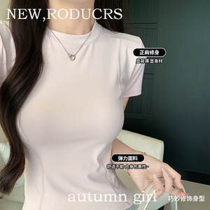 เสื้อยืดผู้หญิงทรงเข้ารูป ยืดหยุ่นสูง คอกลม แขนสั้น ระบายอากาศได้ดี เหมาะสำหรับโยคะ กีฬา กิจกรรมกลางแจ้ง ฤดูร้อน ใช้เป็นเสื้อตัวในได้ - Product Image 2