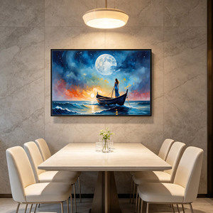 Décoration murale moderne abstraite en cristal, peinture murale représentant une jeune fille de l'océan au clair de lune et un bateau de pêche, avec cadre, tailles personnalisées disponibles - Product Image 2